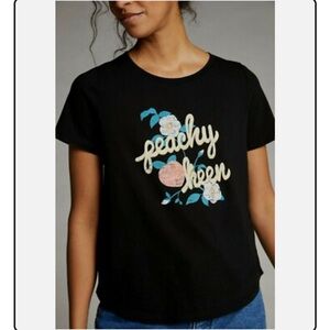 Anthropologie Women’s Black Janinie Lecour Peachy Keen Graphic T-Shirt, Large